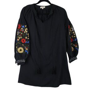 Velzera Embroidered Floral Sleeve Black Cotton Tunic Dress Small